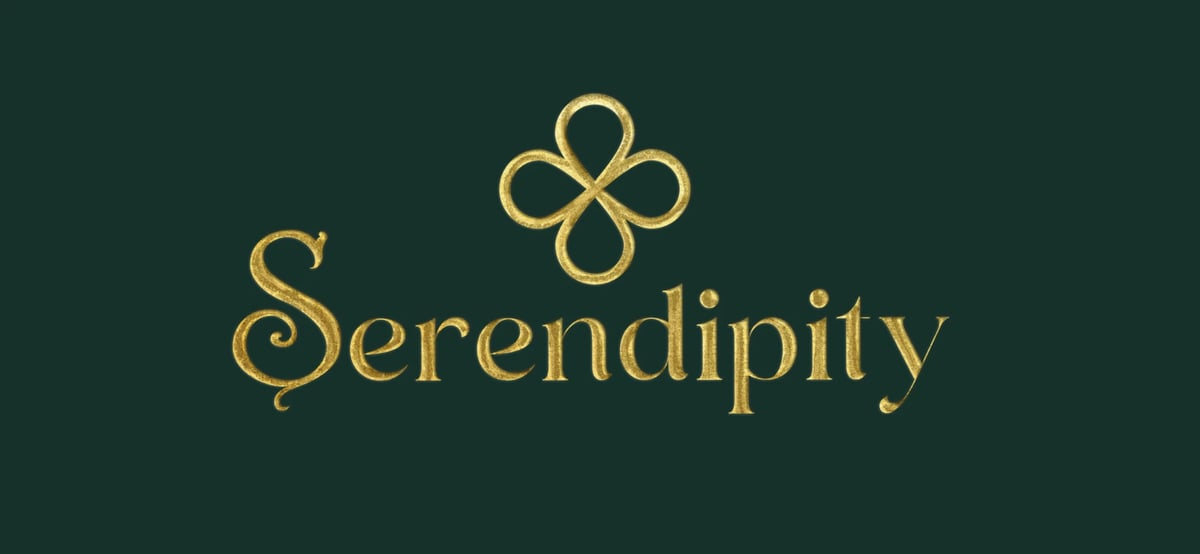 Gold Serendipity text with decorative clover symbol on dark teal background
